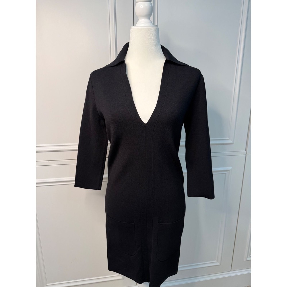 Ronny Kobo Knit Dress Womens M Black Excellent V-Neck Polo Collar Mini